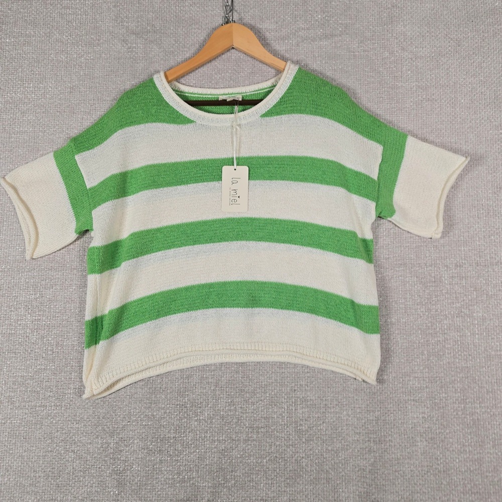 La Miel Womens Green White Striped Short Sleeve Knit Sweater Top MCS3579 Large